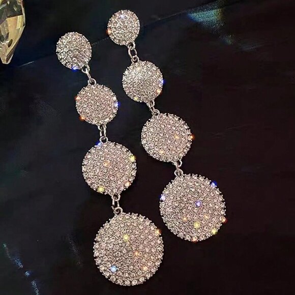 gold or silver toned Women's Luxury Rhinestone Round Long dangling Earrings - Picture 6 of 10